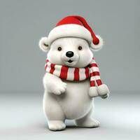 jul vit Björn med santa hatt och jul scarf 3d, ai generativ foto