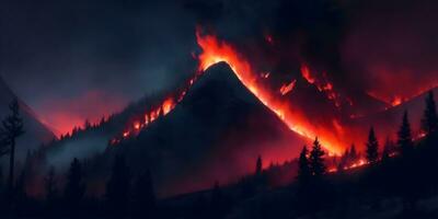 illustration av en berg skog på brand, under de natt. ai generativ foto