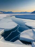 en panorama- se av en frysta sjö, med sprickor i de is avslöjande de djup blå djup Nedan. ai generativ foto