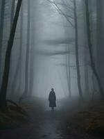en enslig figur gående genom en dimmig skog. ai generativ foto