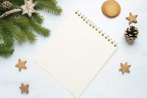 topp se tom dagbok sida pastell, festlig jul saker dekorationer bredvid, Plats för tillsats text, ai-genererad foto
