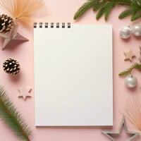 topp se tom dagbok sida pastell, festlig jul saker dekorationer bredvid, Plats för tillsats text, ai-genererad foto