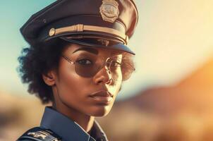 afrikansk amerikan polis kvinna söt porträtt. generera ai foto