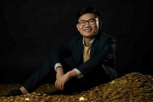Lycklig asiatisk affärsman gyllene mynt finansiera. generera ai foto