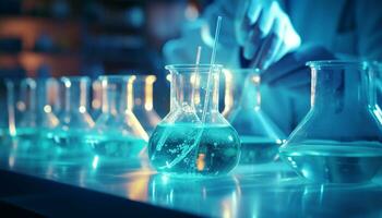 apotek använda sig av bägare, flaskor, och testa rör till uppträdande experiment och analysera kemikalier i en laboratorium, framåt vetenskaplig kunskap och utvecklande ny medicinsk behandlingar. generativ ai. foto