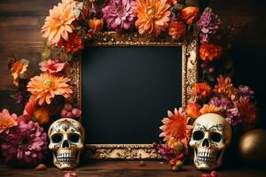 ett tömma Foto ram, omgiven med erbjudande av en skalle, blommor, och ljus i de firande av de dia de los muertos, , mockup, halloween, kopia Plats ai genererad