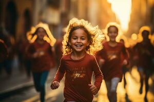 barn löpning på en maraton under soluppgång ai genererad foto