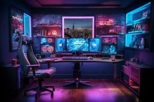 interiör av gaming rum uppstart med neon lampor ai genererad foto