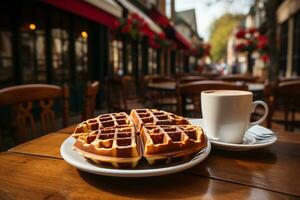 belgisk våffla med kaffe på en tabell utanför av Kafé, frukost vibrafon ai genererad foto