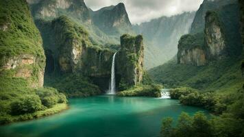 en lugn, lugn sjö inbäddat i en grönskande dal, omgiven förbi höga klippor och cascading vattenfall, natur bakgrund ai generativ foto