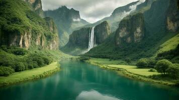 en lugn, lugn sjö inbäddat i en grönskande dal, omgiven förbi höga klippor och cascading vattenfall, natur bakgrund ai generativ foto