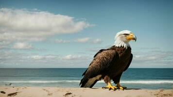 en skön sommar dag med blå himmel och en ensam stellers hav Örn över de strand ai generativ foto