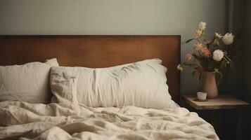 generativ ai, avkopplande sovrum detalj av säng med naturlig Linné texturerad strö, dämpad neutral estetisk färger foto