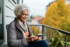 friska glad senior afrikansk amerikan kvinna använder sig av smart telefon i balkong, teknologi och kommunikation,ai genererad foto