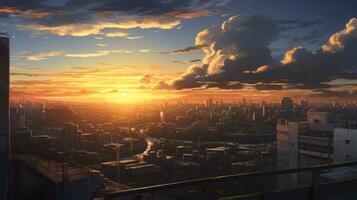 skön stad landskap bakgrund. tecknad serie sommar solnedgång med moln. anime stil foto