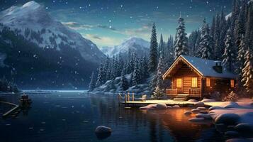en stuga på en sjö med snöig bergen i de bakgrund ai genererad foto