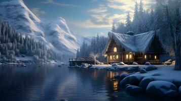 en hus med en sjö i främre av den och snöig bergen i de bakgrund ai genererad foto
