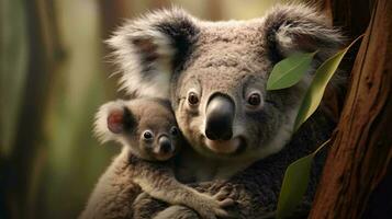 en grupp av koalor i en träd ai genererad foto