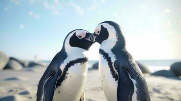 en grupp av pingviner på en strand ai genererad foto