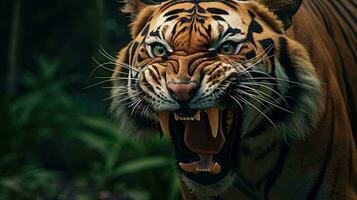 en tiger med dess mun öppen ai genererad foto