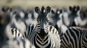 en grupp av zebror i en fält ai genererad foto