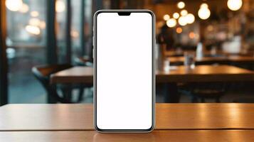en vit smartphone på en tabell ai genererad foto