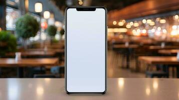en vit smartphone på en tabell ai genererad foto