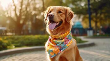 en hund bär en färgrik skjorta ai genererad foto