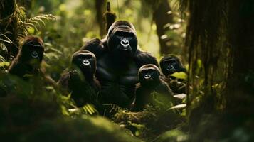 en grupp av apor i en träd ai genererad foto