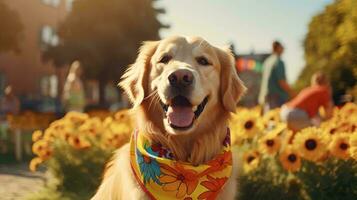 en hund bär en blomma skjorta ai genererad foto