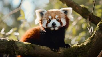 en röd panda i en träd ai genererad foto