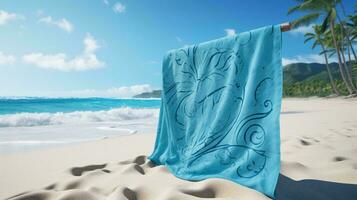 en blå handduk på en strand ai genererad foto