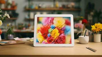 en bukett av blommor på en tabell ai genererad foto