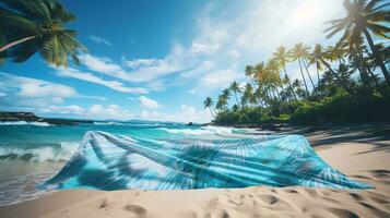 en strand med en kropp av vatten ai genererad foto