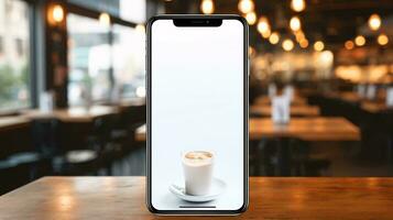 en vit smartphone med en kopp av kaffe på en tabell ai genererad foto