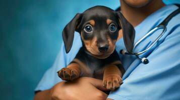 beskurna skott av veterinär innehav tax valp i klinik, fokus på hund. ai genererad foto