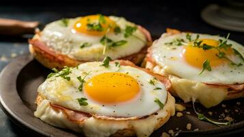 ai generativ av croque madame engelsk muffin är en härlig maträtt. dess en rostat muffin toppade med skinka, krämig bechamel sås, en friterad ägg, och smält ost, skapande en välsmakande och eftergiven måltid. foto