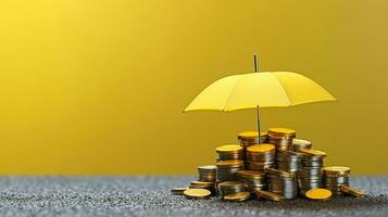 ai generativ av ett paraply och mynt symbolisera försäkring, tycka om en skydda mot oväntat utgifter, förvaring din finanser säker och torr när liv regnar ner utmaningar. foto