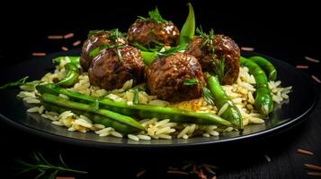 ai generativ av sparris och köttbulle orzo, skapande en harmoni av smaker och texturer. foto