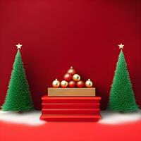 jul-röd-textur-och-podium-på-och-gyllene-bollar-grönt-träd-gyllene-podium-tre--liten-podium på december foto