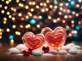 jul och ny år bakgrund med godis hjärtan och bokeh lampor ai genererad foto