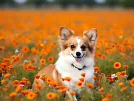 nyfiken hund utforska en fält av blomning vild blomma ai generativ foto