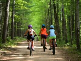 familj på Cyklar på en skog cykel väg ai generativ foto