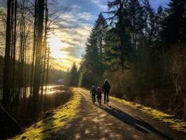 familj på Cyklar på en skog cykel väg ai generativ foto