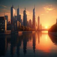 byggnad stad och solnedgång med flod, ai genererad foto