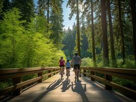 familj på Cyklar på en skog cykel väg ai generativ foto