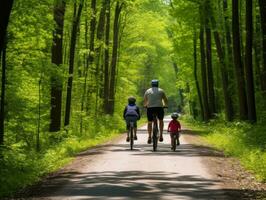 familj på Cyklar på en skog cykel väg ai generativ foto