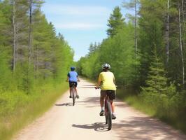 familj på Cyklar på en skog cykel väg ai generativ foto