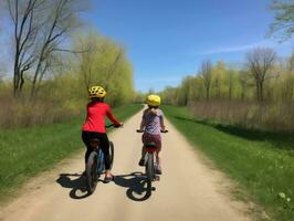 familj på Cyklar på en skog cykel väg ai generativ foto