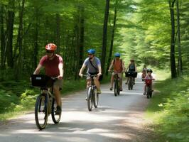 familj på Cyklar på en skog cykel väg ai generativ foto